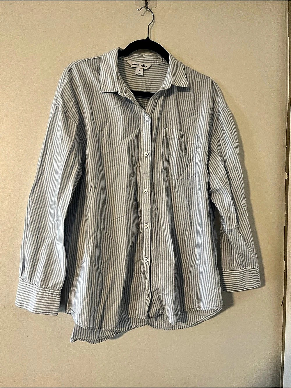 Old Navy Blue White Striped 100% Cotton Button Down Shirt Medium Coastal Preppy